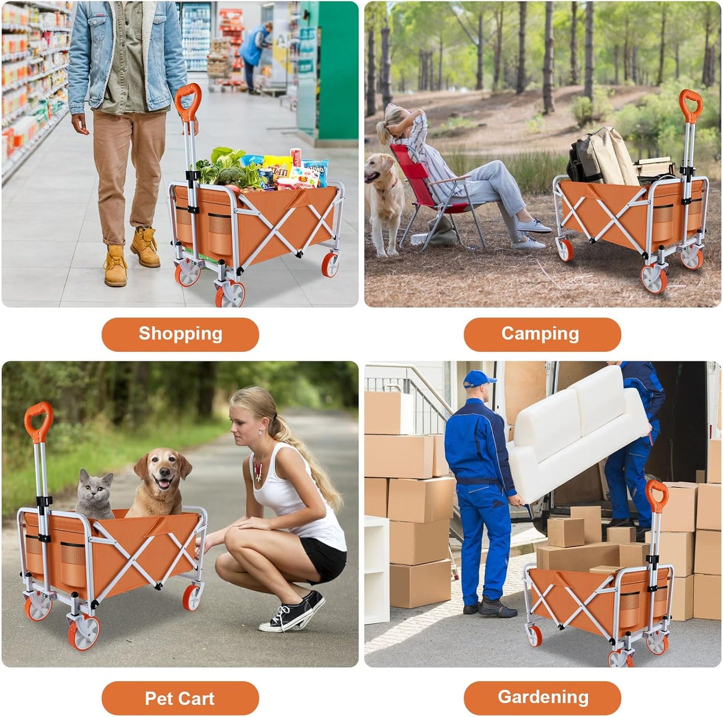 Foldable Wagons Carts with Wheels - Portable Collapsible Heavy Duty Beach Wagon, Large Capacity and Utility Lightweight Wagon Cart for Outdoor Garden Camping Groceries Shopping Picnic Sport (Orange)
