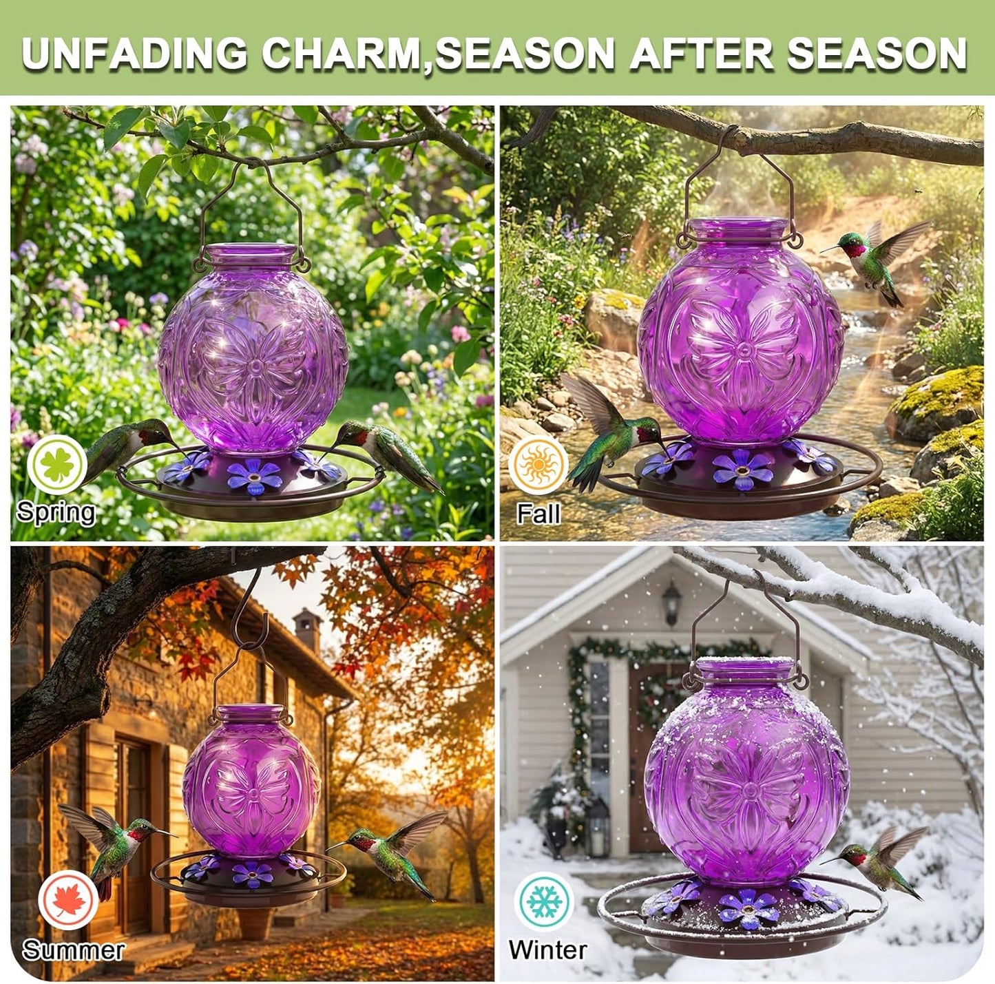 Glass Hummingbird Feeder for Outdoors Hanging, 25Oz Humming Bird Necta