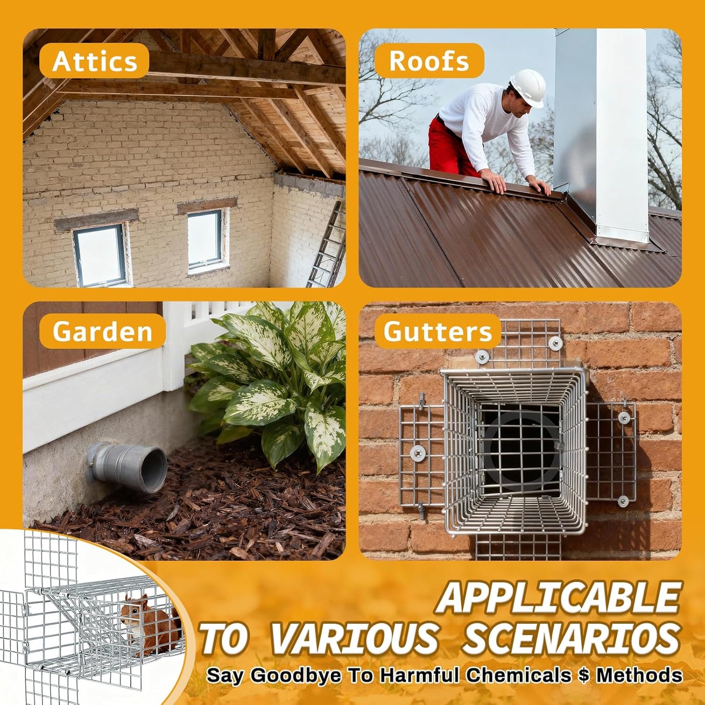 One Way Squirrel Door Excluder - Humane Chipmunk Excluder for Attics & Chimneys, Squirrel Traps with DIY Kit Including Screws, Pressure Plate,Gloves, Cable Ties & Copper Mesh