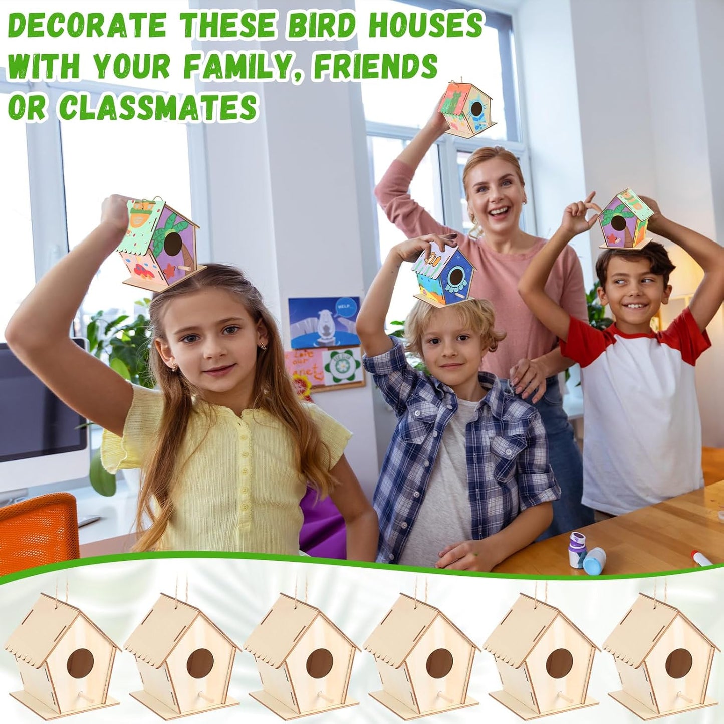 24 Pack 4. 3" Wooden Bird Houses Bulk for Kids with Front Perch Peg, DIY Kid Art Craft Outdoor Birdhouse Kit Unfinished Hanging Birdhouse Class Activity for Girls Boys to Build and Paint