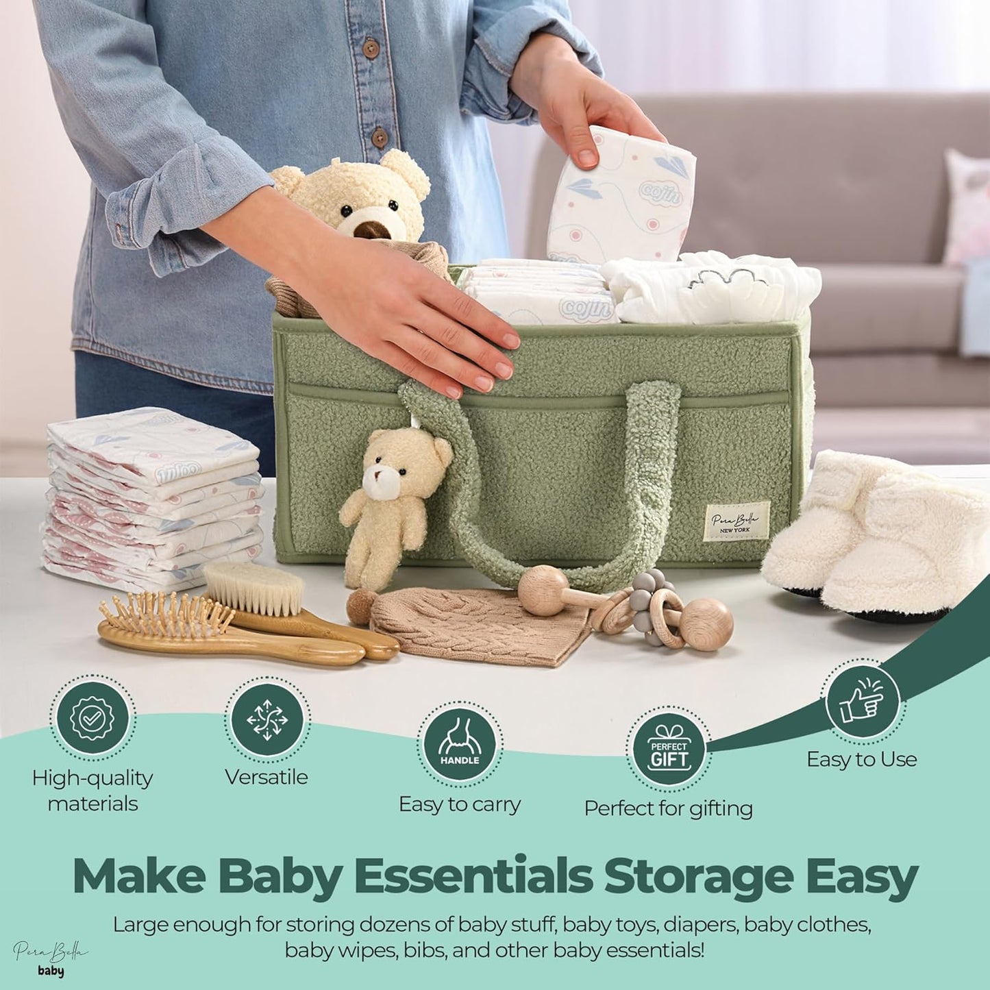PeraBella Diaper Caddy Organizer for Changing Table, Storage Basket for Wipes, Gift for Baby Shower, Car Organizer, Nursery Organizer, Portable Storage