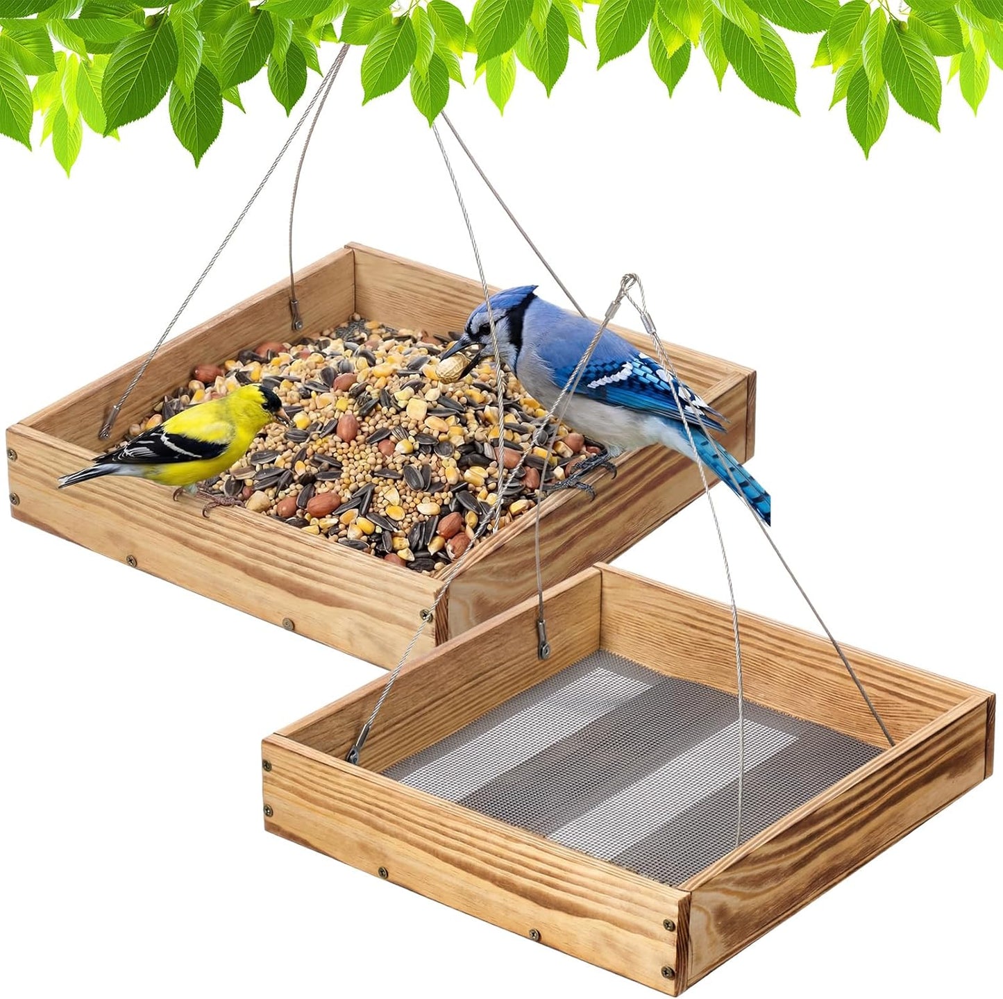2 Pcs Wooden Platform Bird Feeder Tray for Outdoor Hanging Bird Feeder with Mesh Tray for Wild Birdfeeding Mealworm Outside Garden Backyard