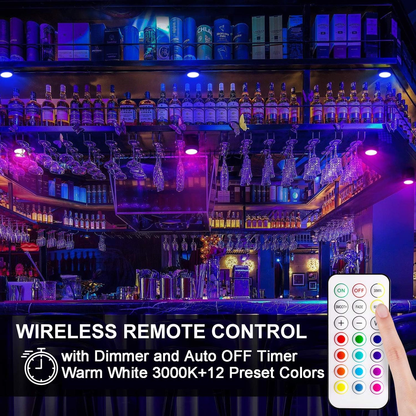 BLS LED Puck Lights with Remote Control, Wireless Under Cabinet & Closet Lighting, RGB 13 Color Changing Lights with Dimmer, Timer & AA Battery Operated, Push, Touch, Stick on for Night, White, 6 Pack