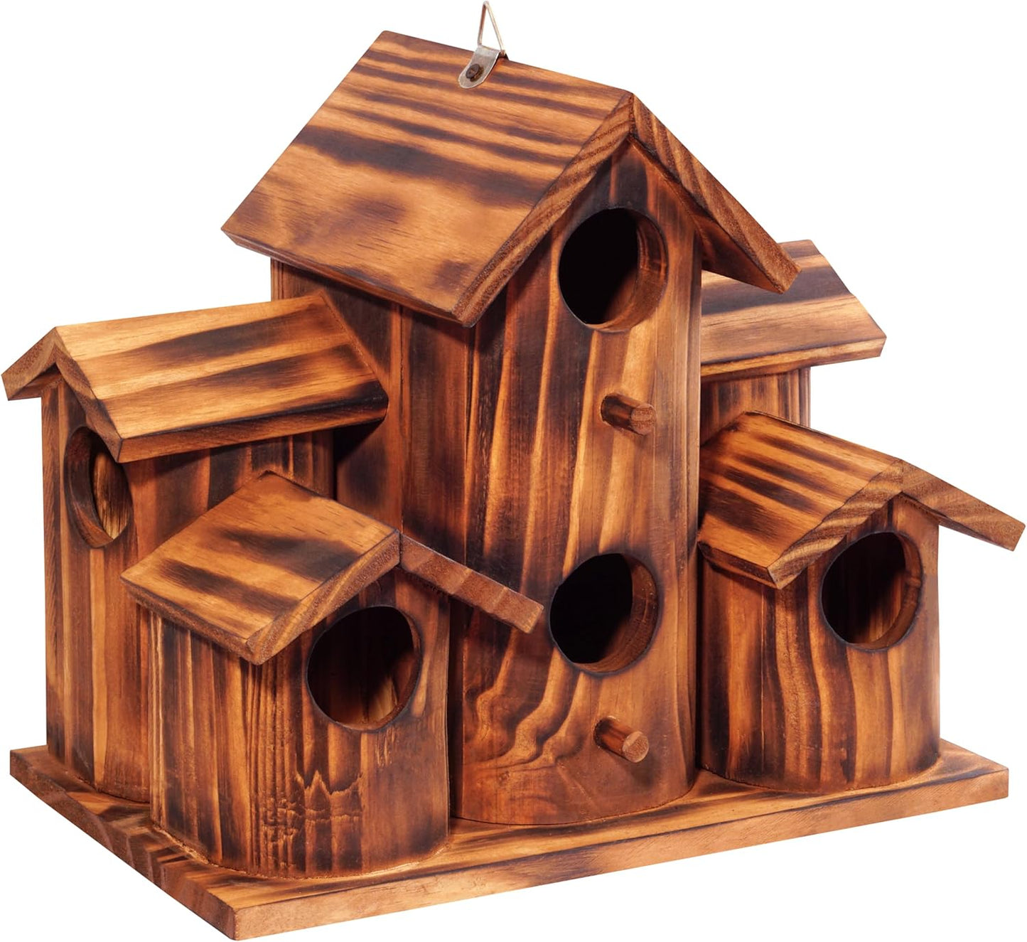 MIXUMON Wooden Bird Houses for Outside β 6 Rooms Multi-Chamber Bird House, Carbonized Pine Rustic Finish, 1.57" Entrance Holes, Cleaning Doors for Each Room, Decorative Outdoor Bird Nesting Box