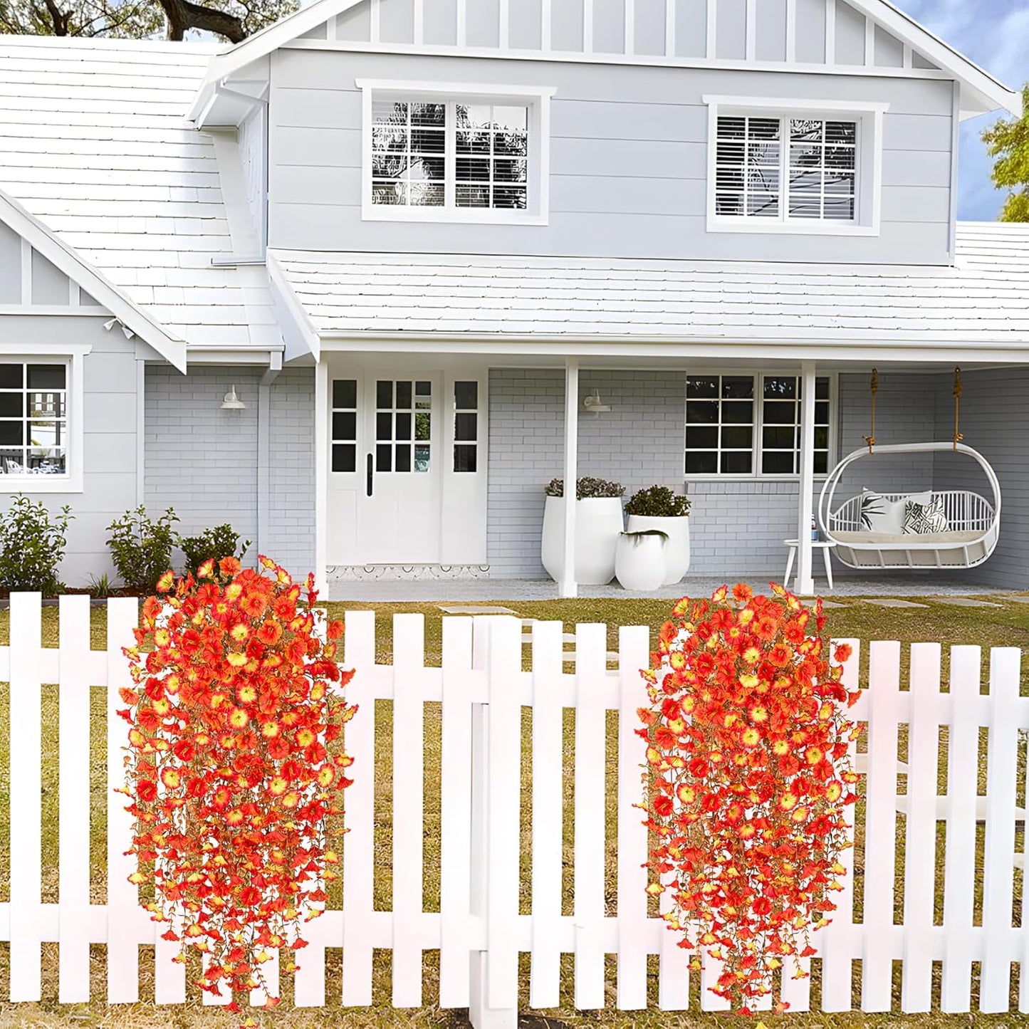 Artificial Fall Hanging Flowers for Decoration, 2pcs Long Vine Fake Flowers Plants Morning Glory, Realistic Faux Petunias for Planter Patio Porch Garden Autumn Outdoors Dec, Orange Sunset