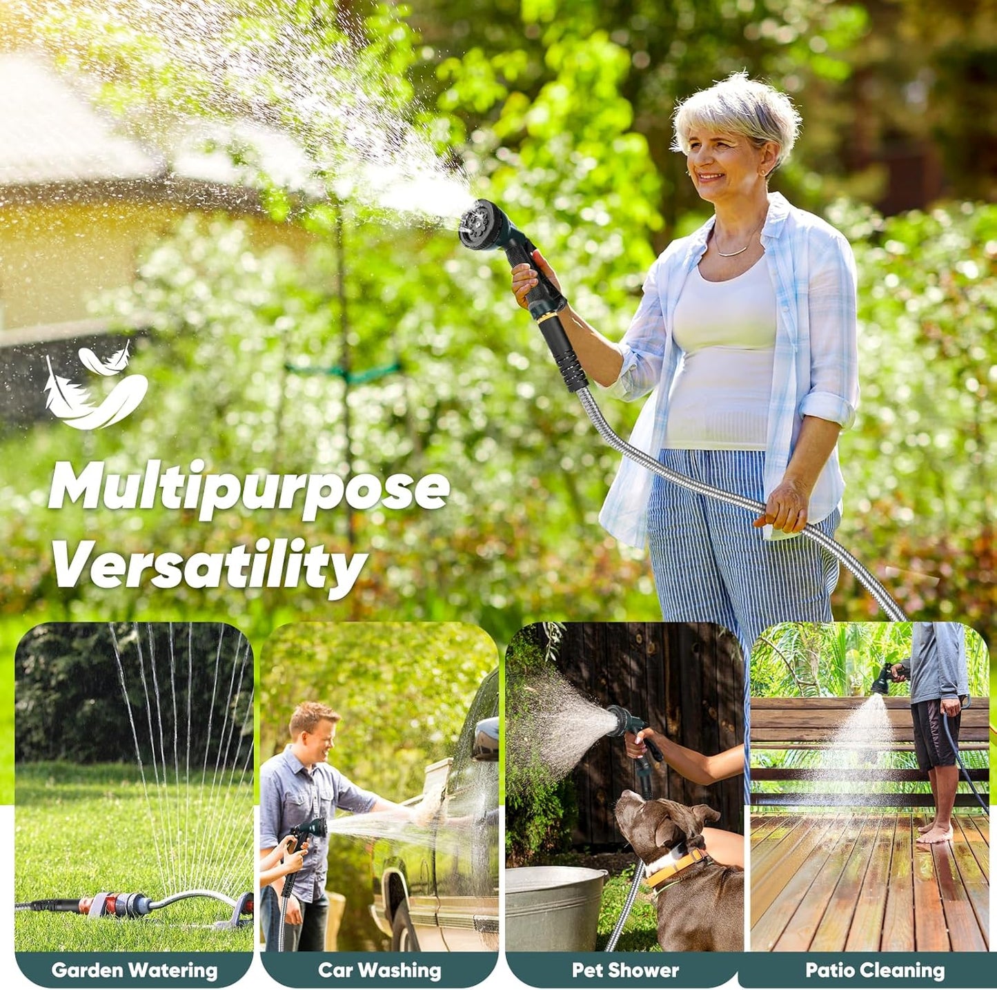 Garden Hose with 10-Function Nozzle, Leak-proof Metal Connector Hose,