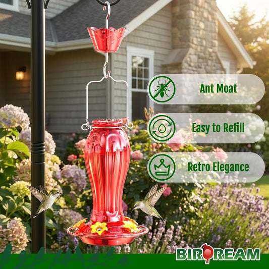 Birdream Glass Hummingbird Feeder for Outdoors, 18oz Hanging Nectar Holder with Ant Moat 5 Feeding Ports, Decorative Bird Feeder for Garden Patio Backyard, All Red