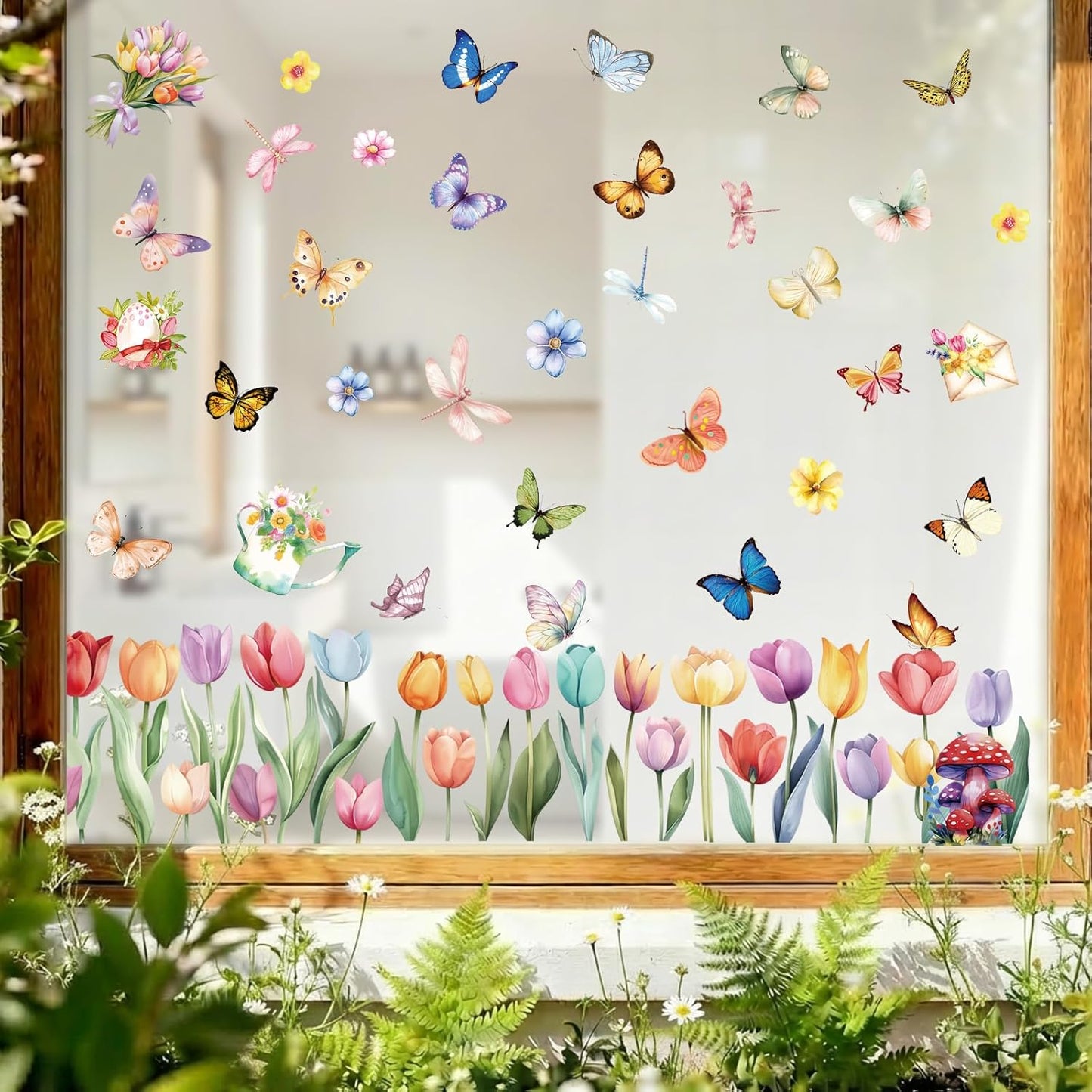 9 Sheets Spring Window Clings Decor, Flower Butterfly Window Stickers, Tulip Floral Decals for Summer, Easter, Spring Decorations for Home, Office, Classroom