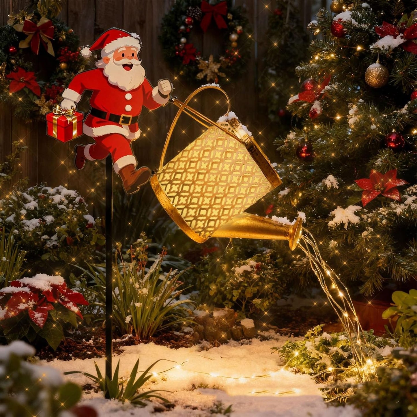 Metal Solar Christmas Waterfall Light Garden Yard Decoration Solar Charging Holiday Kettle for Outdoor Festivities