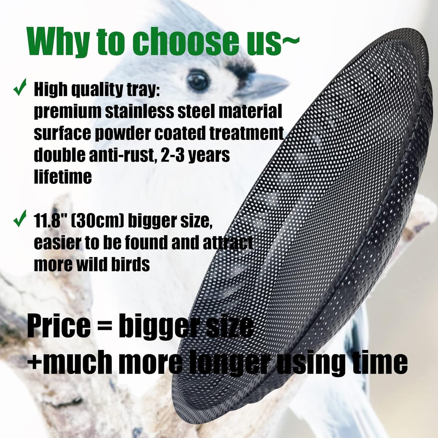 Upgraded Ground Platform Bird Feeder Tray,11.8” Stainless Steel Large