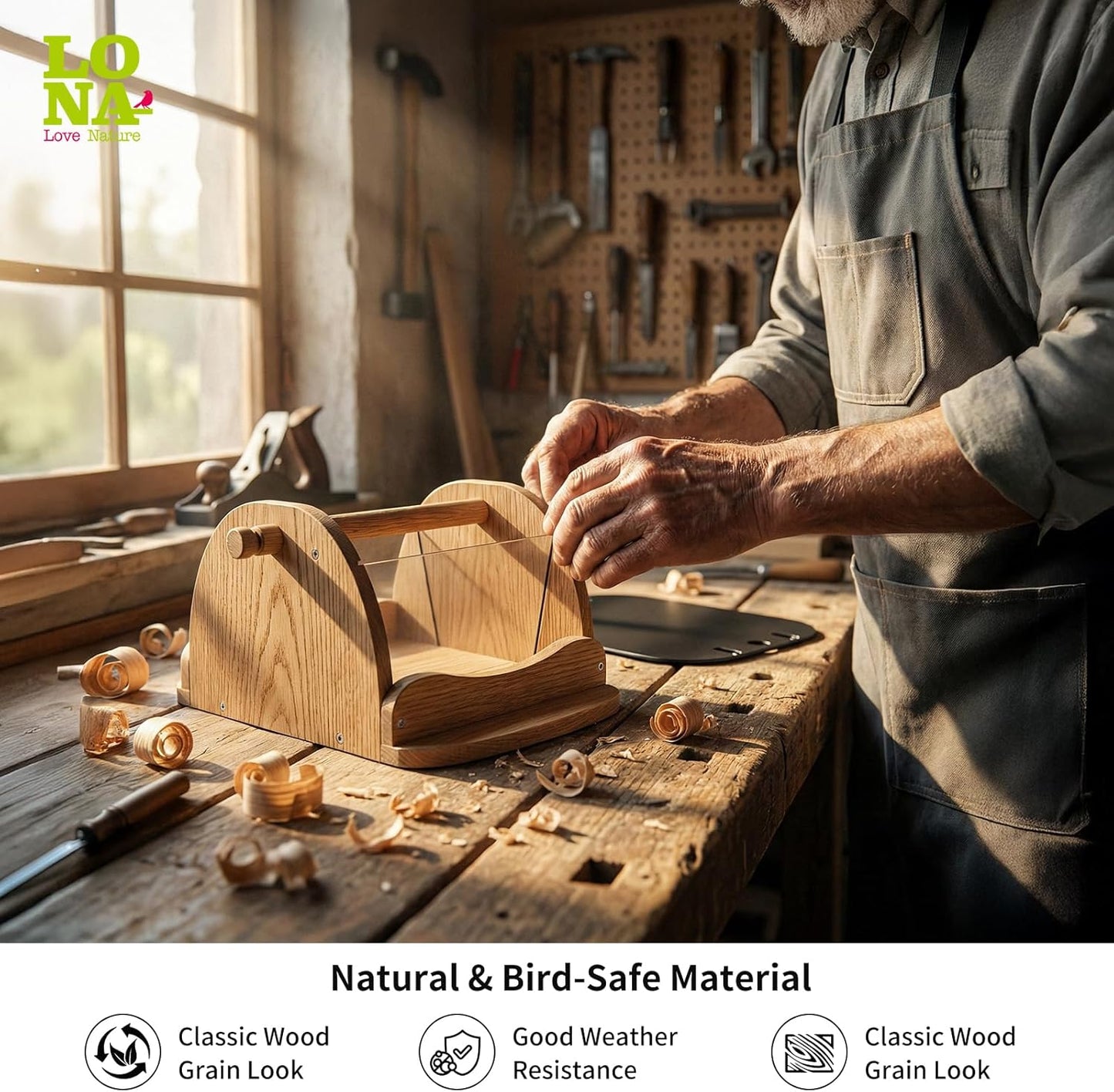 LONA Wooden Bird Feeder for Outdoors Hanging, Large Capacity Hopper with Weatherproof Roof Birdfeeder for Feeding Outside Garden Wild Birds Cardinals Finches Robin Sparrow Blue Jay Chickadees