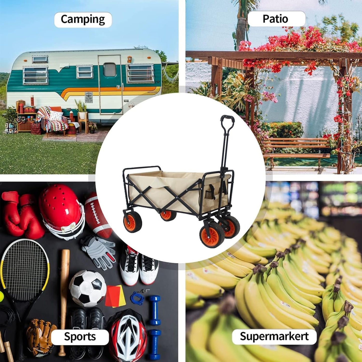 Heavy Duty Collapsible Folding Wagon - Portable Utility Cart with 360° Swivel Wheels for Outdoor, Beach, Camping & Grocery - 176lbs Capacity - Beige Garden Cart