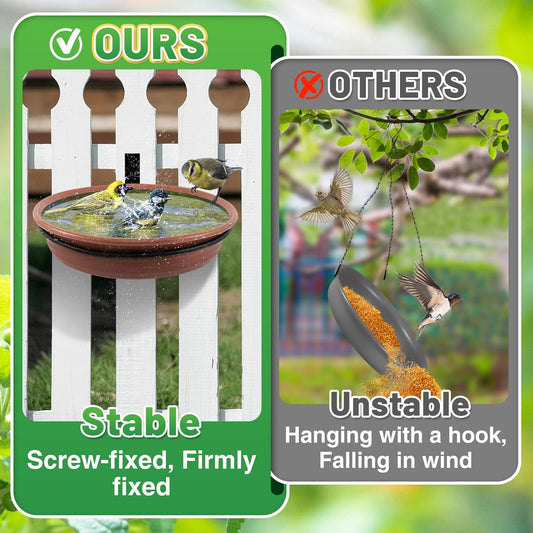 Fence Bird Feeders Tray - 2pcs Tree Mounted Wild Bird Bath for Outdoors Place Food Water, Installed on Wooden Deck Fence with Heavy Duty Iron Ring, 8.3'' Dia. (Brown)