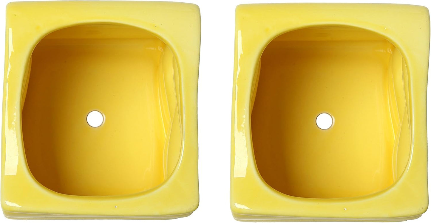 MyGift 4-Inch Yellow Ceramic Mini Succulent Plant Pot, Modern Decorative Planters with Candy Ribbon Design, Set of 2