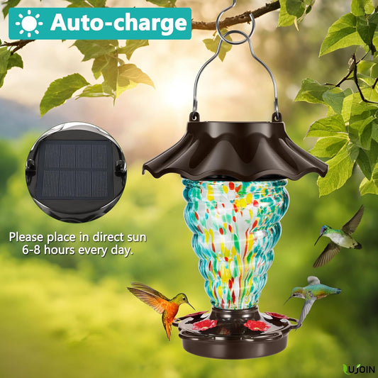 Solar Hummingbird Feeder for Outdoors Hanging, Lighted Lantern with RGB Lights, Hand Blown Glass, 28 fl.oz, Leak Proof & Rustproof, Metal Cover with 5 Feeding Ports, Spiral Shaped, Teal