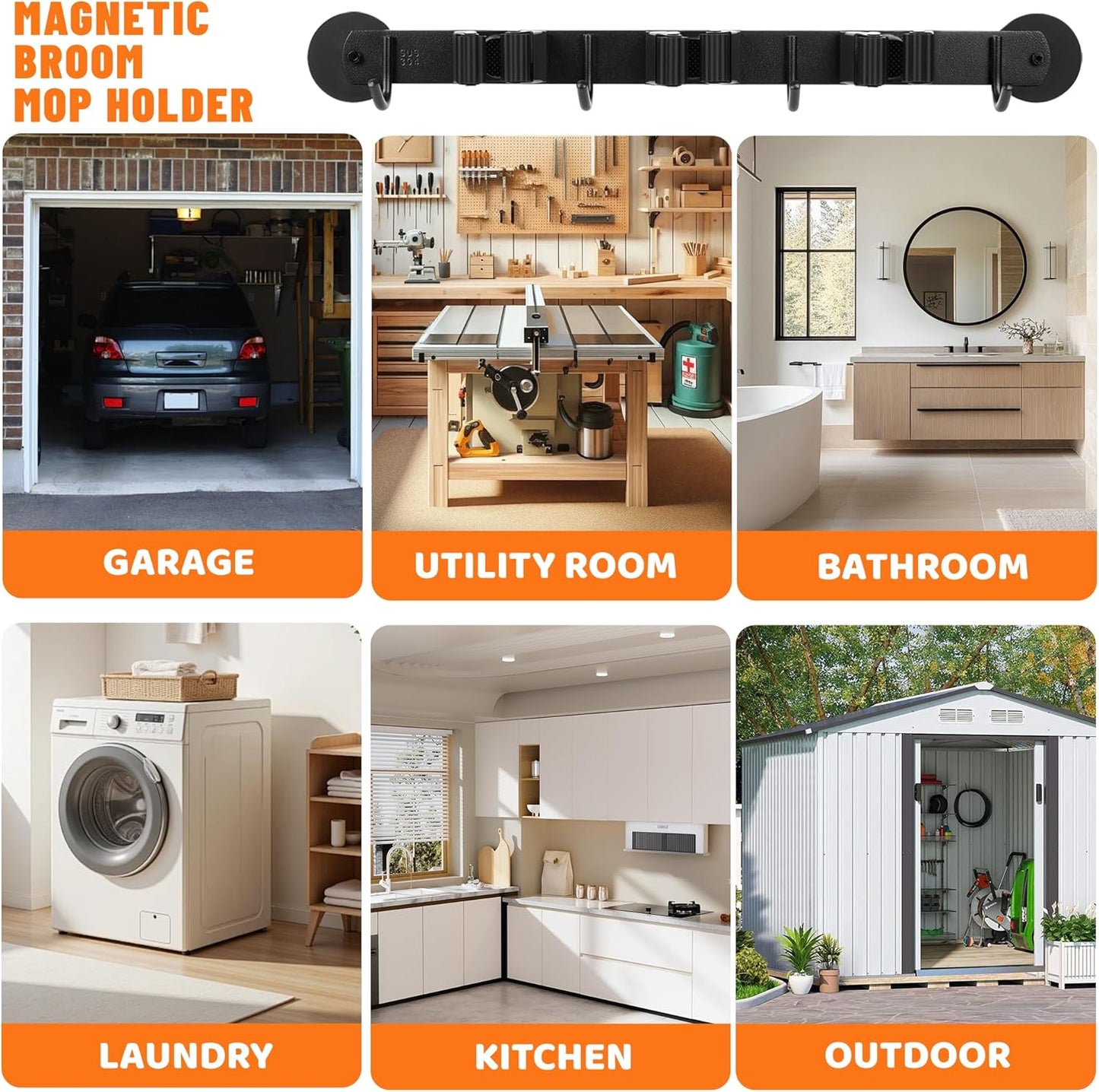 Magnetic Broom Holder Wall Mount with 4 Hooks and 3 Rack- Heavy Duty Non-Slip Mop Hanger for Wet Mops &Cleaning Tools on Refrigerator,Metal Door,Garage,Kitchen (3Racks 4Hooks)