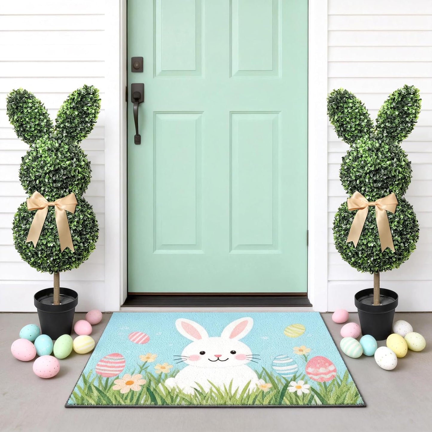 Artificial Bunny Shaped Topiary Tree with Bow, 2 Pcs Easter Rabbit Boxwood Topiaries Plant, 3 Ft Easter Decorations with Planter Pot, Spring Decor for Front Porch, Patio, Lawn, Backyard & Indoor Decor
