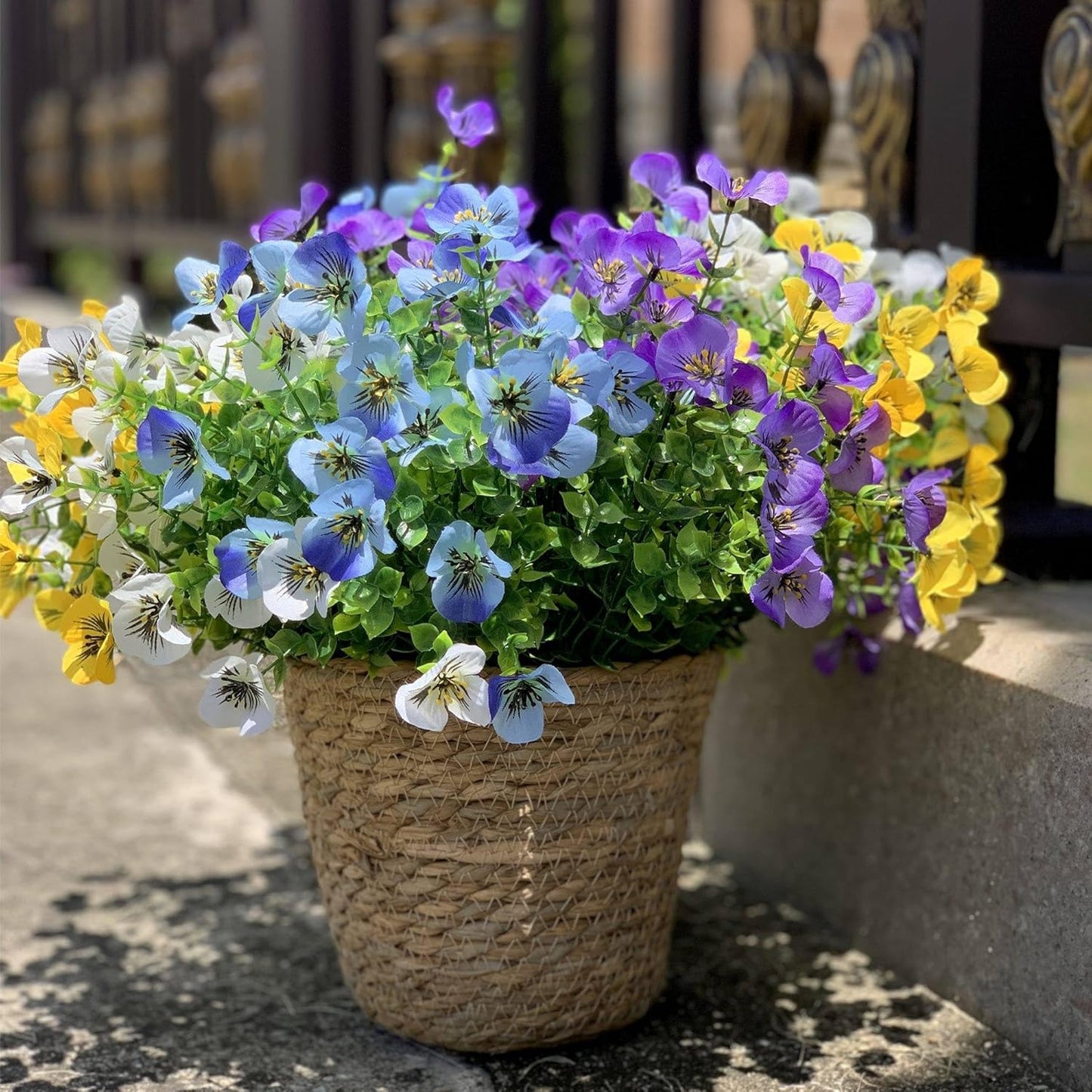 Artificial Faux Pansies Flowers Plants for Outdoor Decor, 12 Bundles Silk Pansy Fake Flowers UV Resistant for Outside Porch Garden Planters with Vibrant Colors
