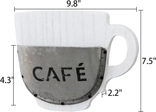 SOFE Industrial Farmhouse Wall Mounted Flower Vase, White Wood Frame with Coffee Cup Planter, Rustic Kitchen Wall Art, 9.8" X 2.2" X 7.5"