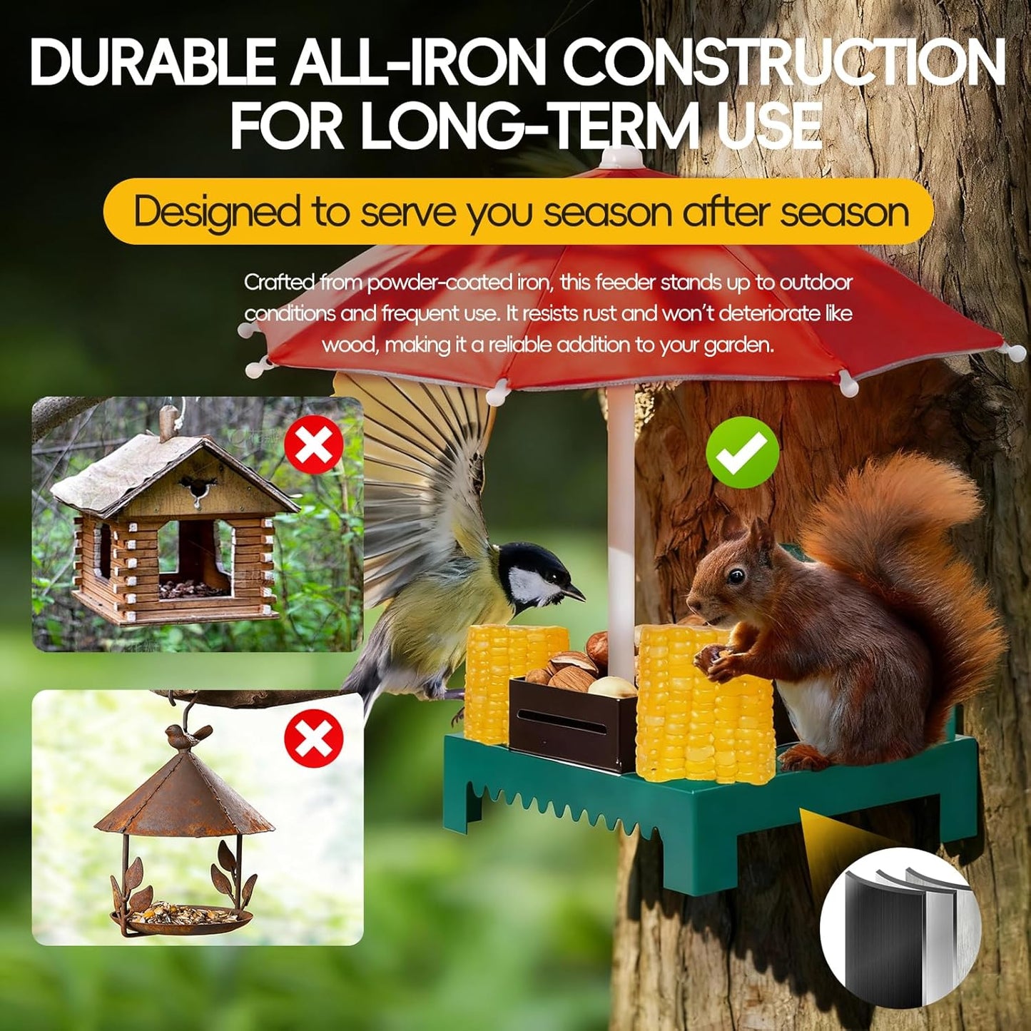Metal Squirrel Feeder Picnic Table with Umbrella - Heavy Duty Iron Outdoor Chipmunk Feeder, Rust Resistant Corn Cob Holder, Funny Backyard Wildlife Gift for Nature Lovers. (RED)