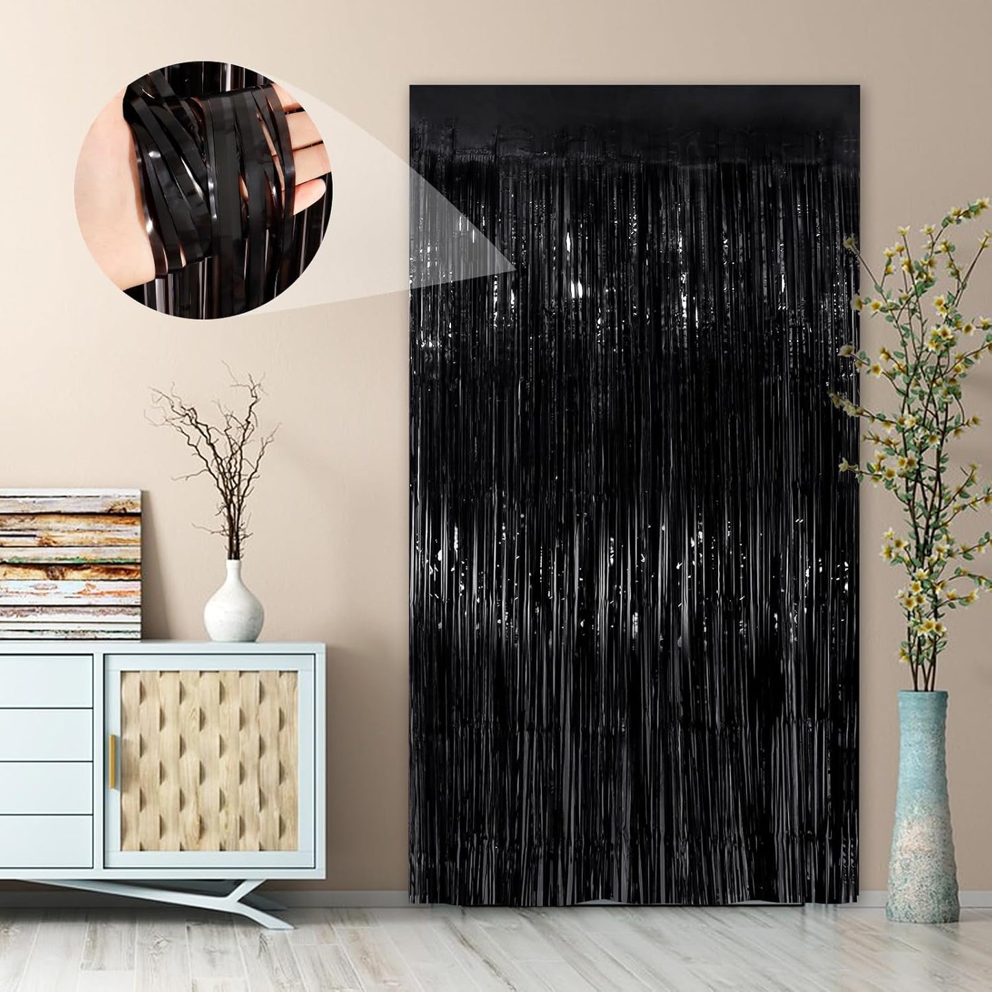 Black Fringe Curtain Party Streamers 2Pack 3.3x8.3 Ft Foil Fringe Backdrop Curtains for Birthday Wedding Bridal Baby Shower Halloween Decor Tinsel Streamers Black Party Decorations Door Streamers