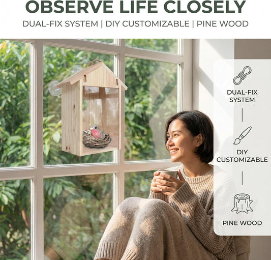 Clear View Window Bird House with Strong Suction Cups - Transparent Acrylic Back Wooden Birdhouse for Outdoor, Safe Nesting Box for Bluebirds, Finches, Chickadees, Educational Bird Watching Gift