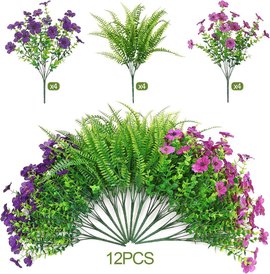SOMYTING Artificial Flowers for Outdoors, 12 Bundles Silk Fake Flower with Fern Fake Flower Daisy UV Resistant Faux Plants for Spring Summer Greenery Boxwood Porch Patio Garden Pot Planters Decor