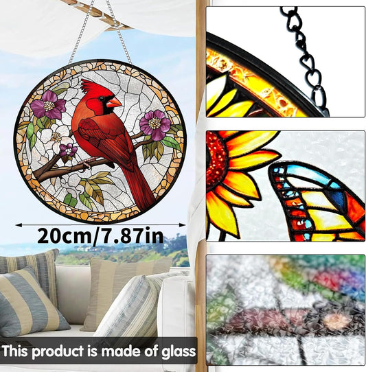 VAIIEYO Cardinal Bird Sun Catcher Stained Glass Window Hanging Ornament, Handmade Sun Catcher Animal Bird Decoration with Hooks for Window Garden Home,Christmas & Birthday Housewarming Gift (7.8 inch)