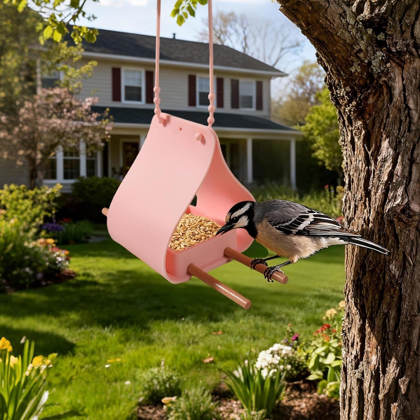 Portable Bird Feeder, Silicone Bowl Bird Feeder, 7 Inch Hanging Dispenser with Wooden Perches, Flexible Silicone Container, Garden Dispenser with Adjustable Strap, Outdoor Container for Decor