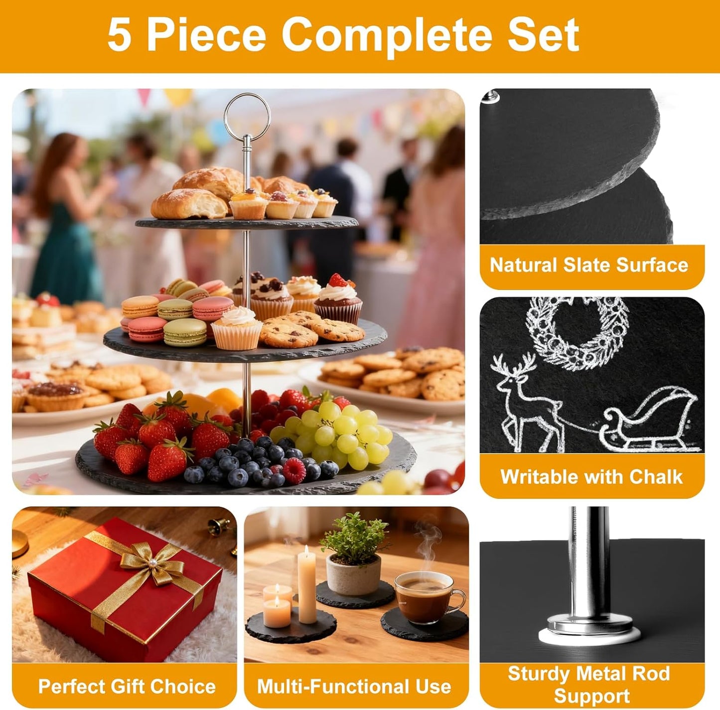 Cupcake Stand Set,3 Tier Dessert Table Display Set with Metal Rod & Slate Coasters Set of 4 for Theme Party, Wedding, Tea Party, Birthday, Black