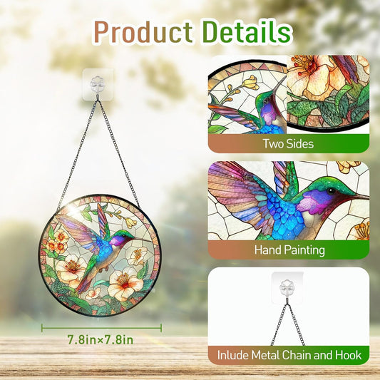 7.8 Inch Stained Glass Window Hanging Hummingbird Flower Sun Catcher Indoor Window Door Wall Yard Home Decor Bird Ornament Colorful Glass Panel Suncatcher Gifts for Women Men Mom Grandma Bird Lovers