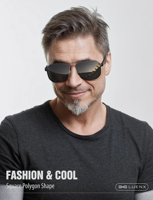 LUENX Aviator Sunglasses for Men Square Polarized Polygon Lens - UV 40