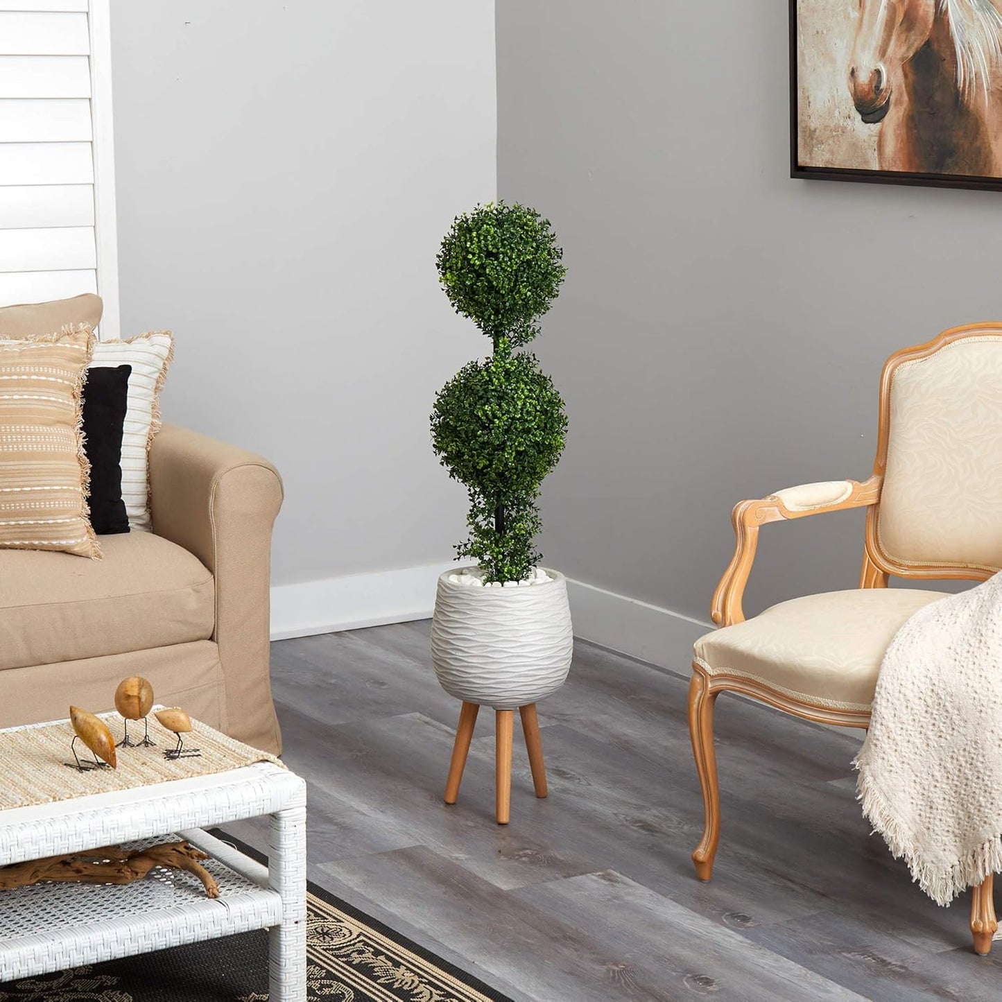 Nearly Natural 4ft. Boxwood Double Ball Topiary Artificial Tree in White Planter with Stand (Indoor/Outdoor)