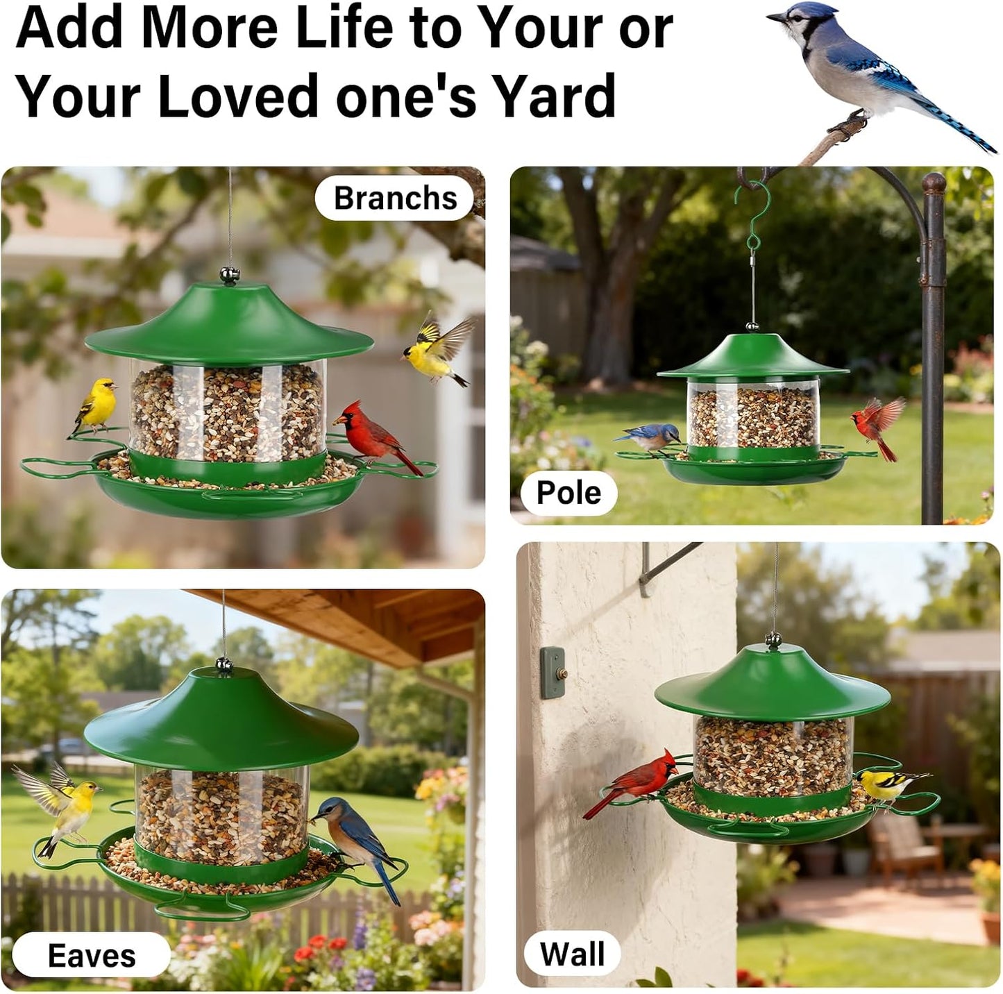 Bird Feeders for Outdoors Hanging Bird Feeder Wild Birds Seed,4LB Metal Hanging Feeders,Large Wild Feeders for Cardinals, Chickadees, Durable Backyard Feeders,Green