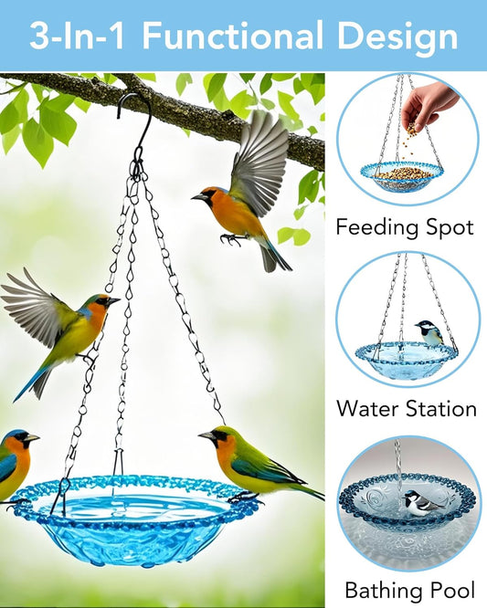 2 Pack Hanging Bird Baths and Feeders for Outdoors, Plastic Bird Bath Bowl & Hanging Feeder for Garden Yard Decor,Nature Blue