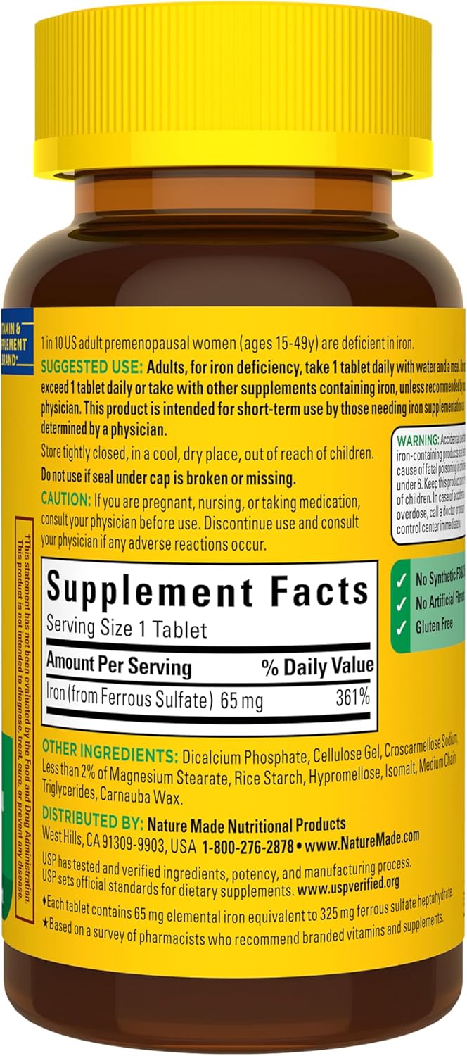Nature Made Iron 65 mg (325 mg Ferrous Sulfate) Tablets, Iron Suppleme
