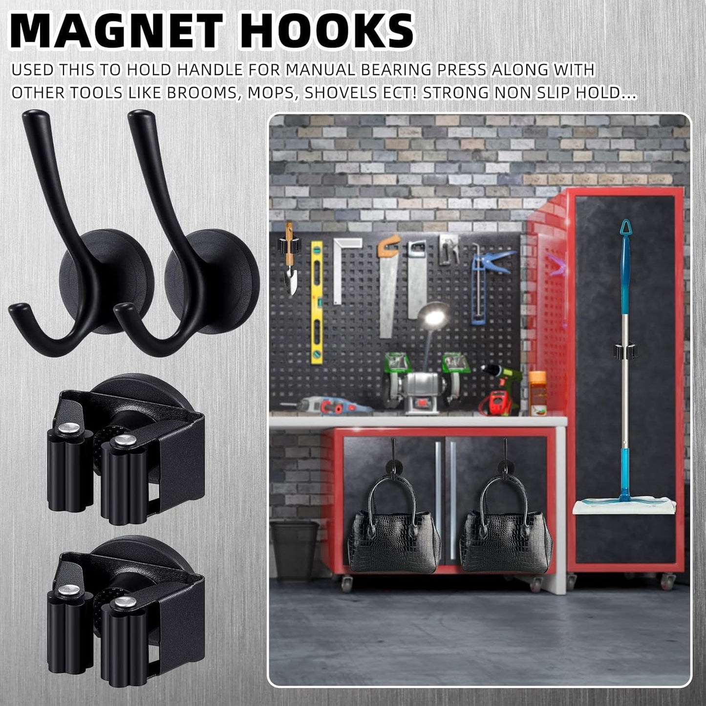 4 Pcs Magnetic Double Hooks Magnetic Coat Hooks Magnetic Mop Broom Holder Movable Magnetic Broom Holder Rack for Garage Kitchen Laundry Garden