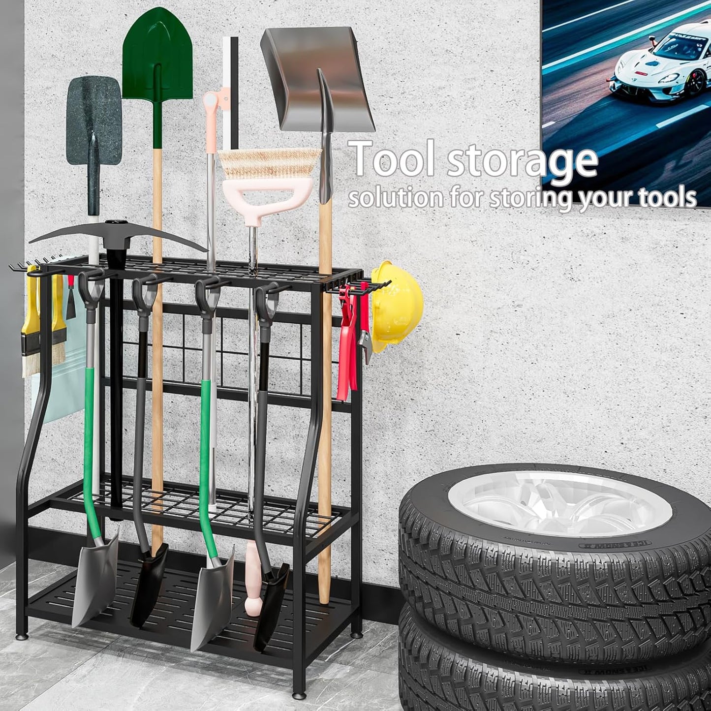 Garden Tool Organizer Holder Heavy Duty Steel Rack Up to 60 Long Handled Tools for Garage Shed Outdoor Garden Yard Black