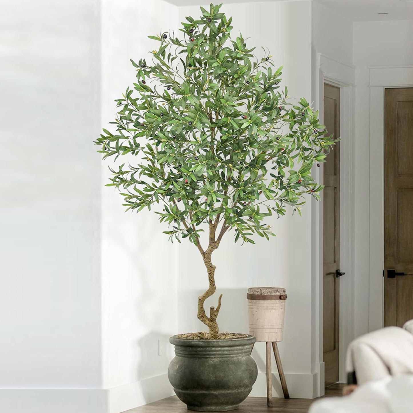 Artificial Olive Tree 8FT with 2190 Leaves & White Planter Realistic Tall Large Fake Faux Silk Plant 94 Inch for Indoor Home Office Porch Mall Restaurant Hotel School Decor Housewarming Gift