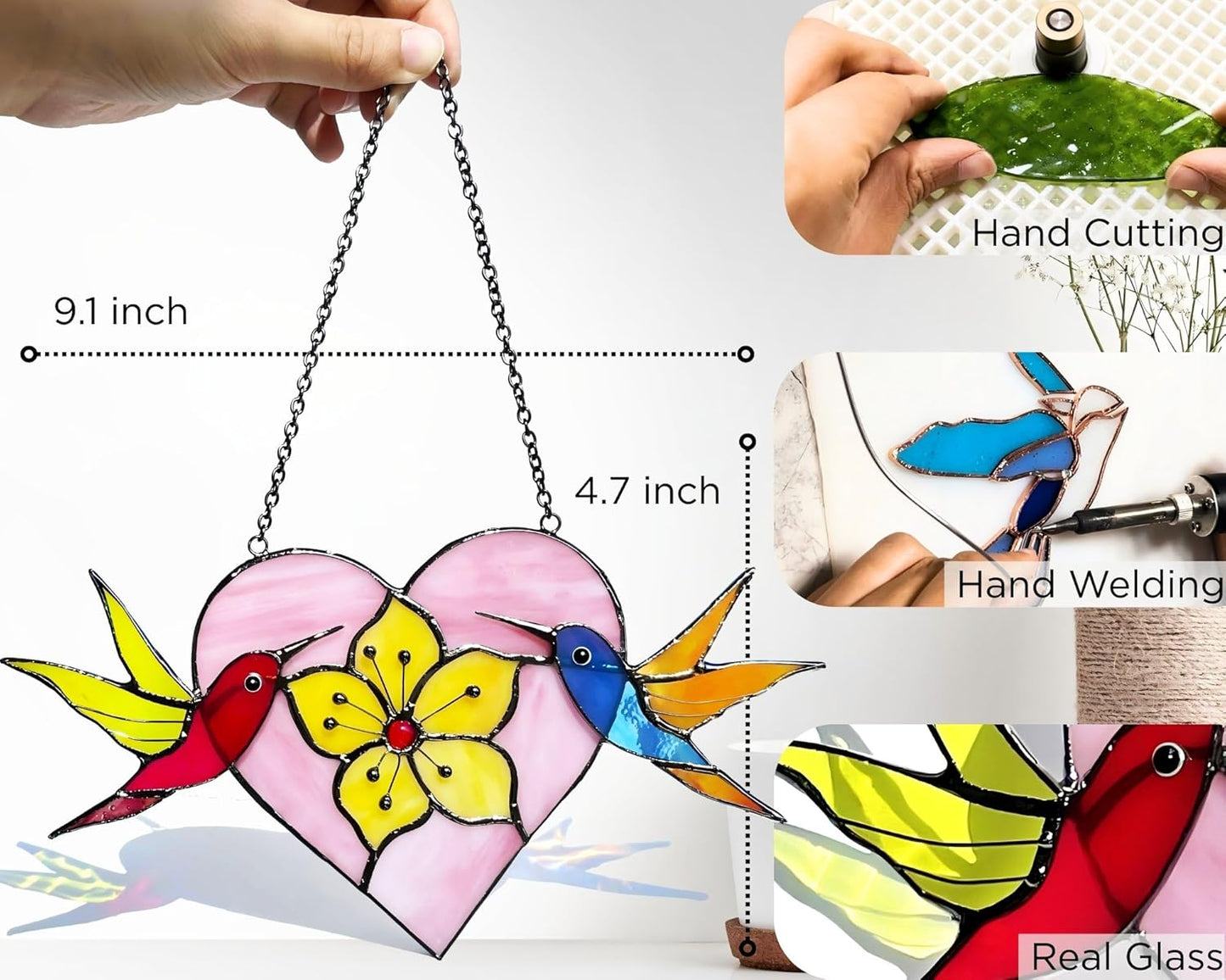 Pair of Hummingbirds Stained Glass Window Hanging - Gifts for Women, Mom, Grandma, Mother - Handmade Real Glass Birds Suncatcher - Elegant Gifts Box Heart Figure Home Decor (H4.4xW8.7 Inch)