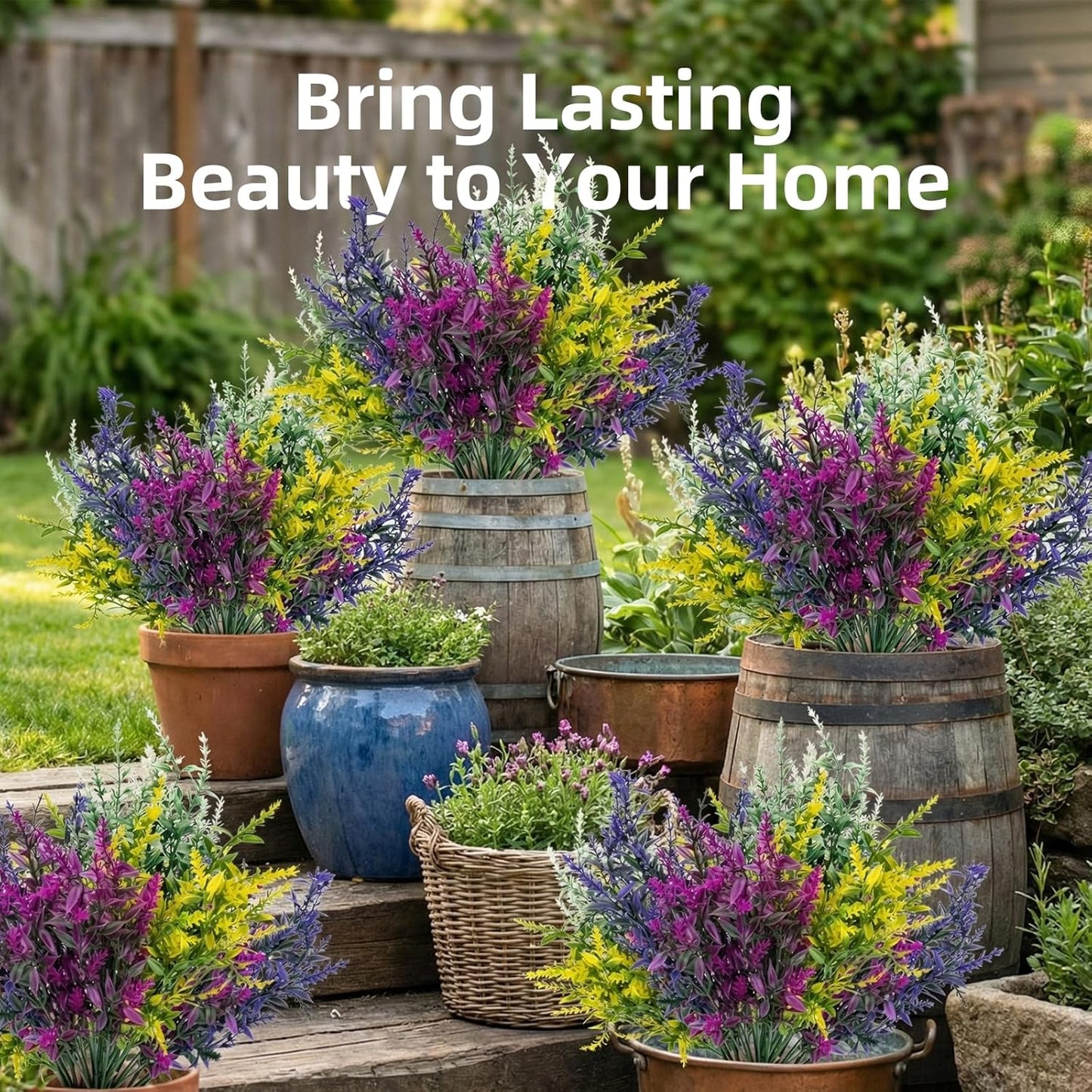 Artificial Flowers Outdoor, Artificial Plants Outdoor for Spring Summer, Lavender Artificial Flowers, for Garden, Porch, Patio, Window Box, Wedding (8, Purple, Fuchsia, White, Yellow)