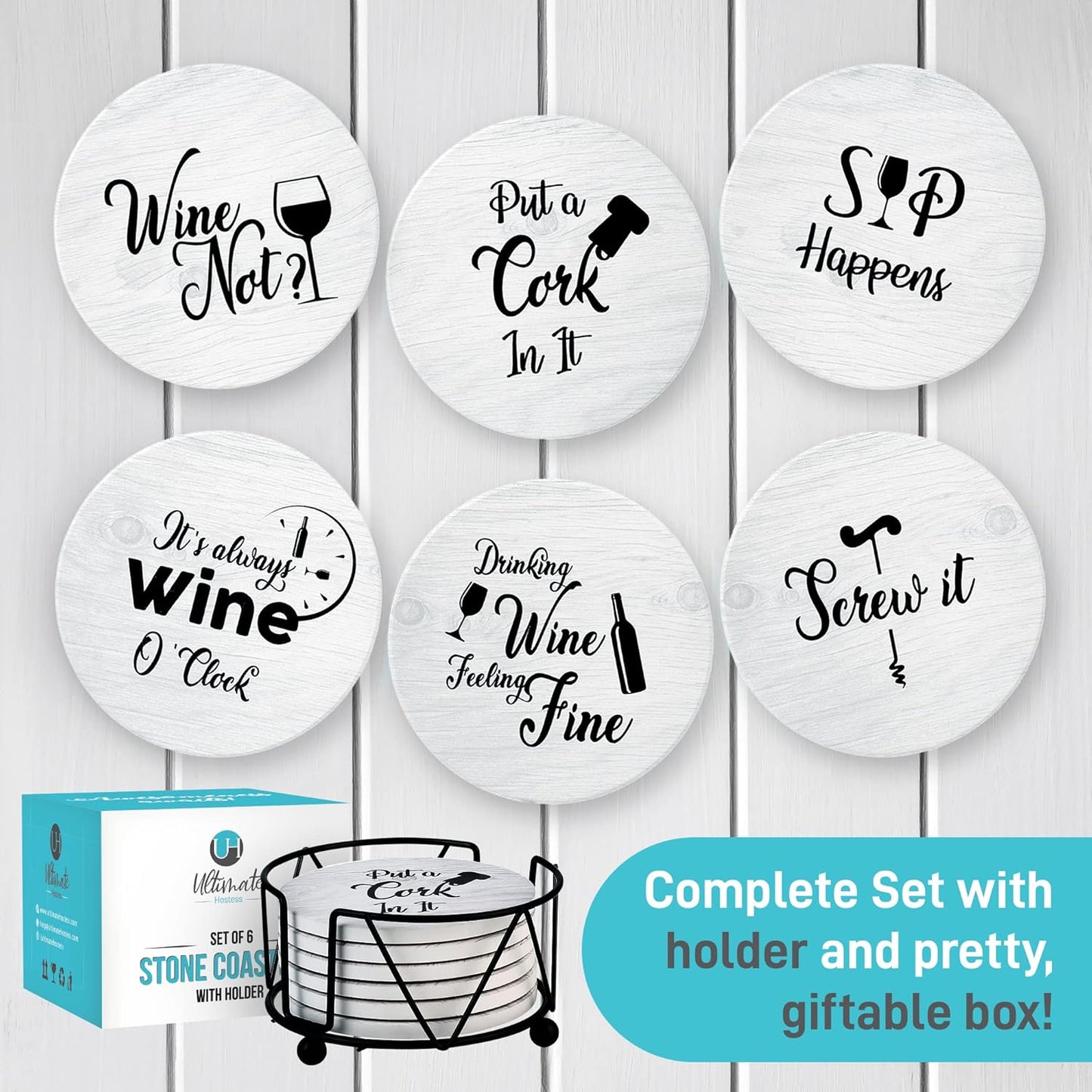 Coasters for Drinks Absorbents with Holder - 6 Pcs Gift Set with 6 Fun