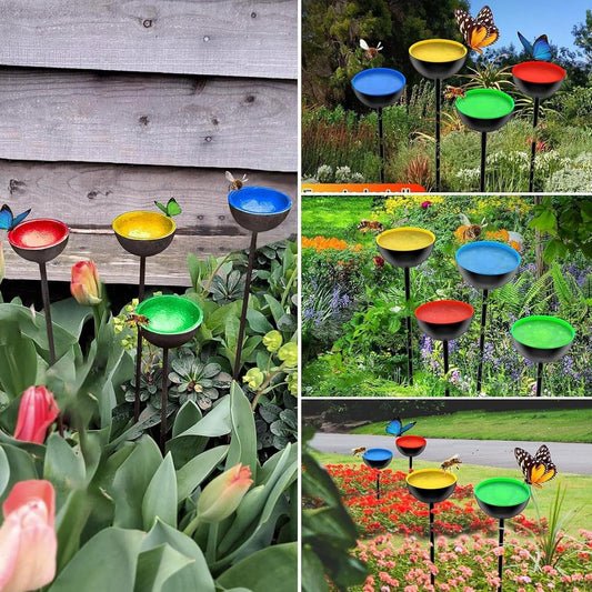 Artistic Outdoor Garden Bird Feeder Weather Metal Bowls Removable Stakes Wildlife Water Station Rain Collector Iron Bird Feeder with Removable Stakes