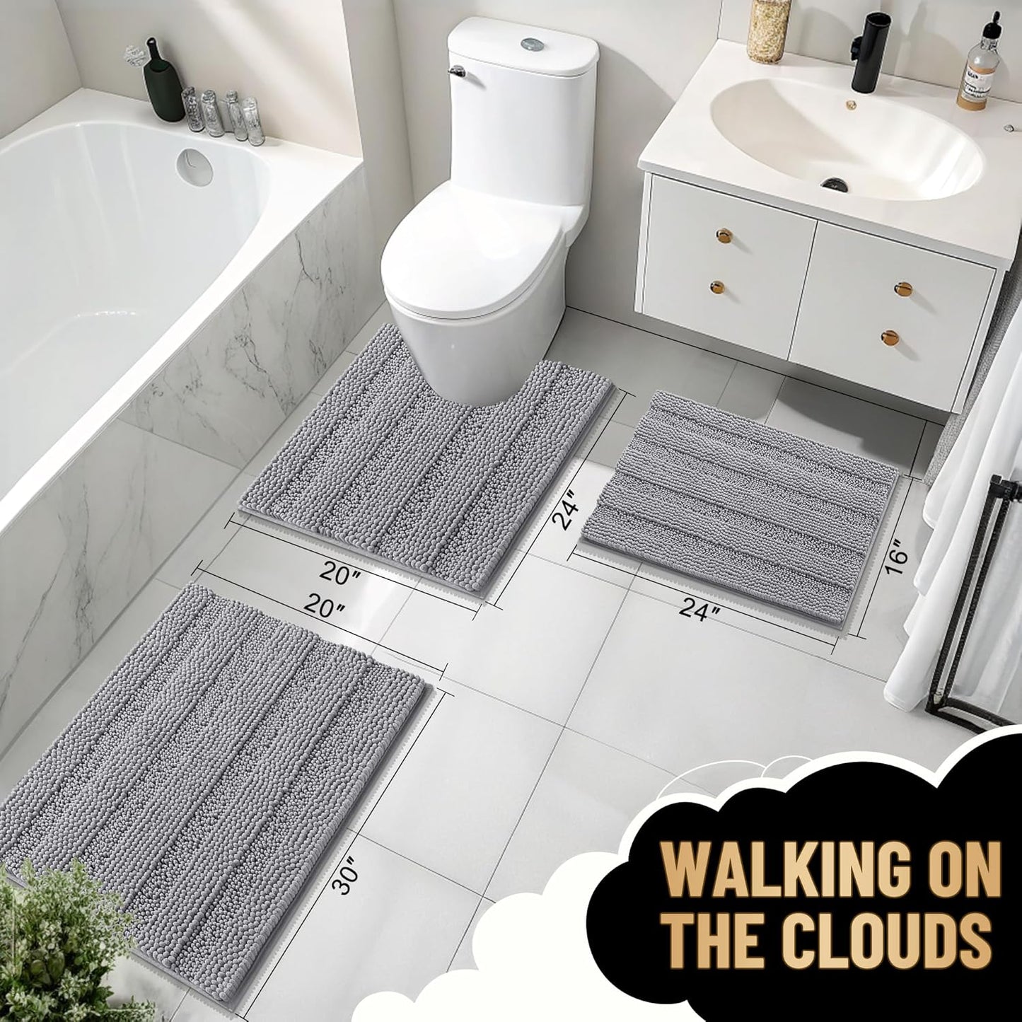 OLANLY Thick Bathroom Rugs 30x20, Extra Soft Absorbent Chenille Striped Bath Rugs, Rubber Backing, Machine Wash Dry, Bath Mats for Bathroom Floor, Tub and Shower, Home Decor Accessories, Grey