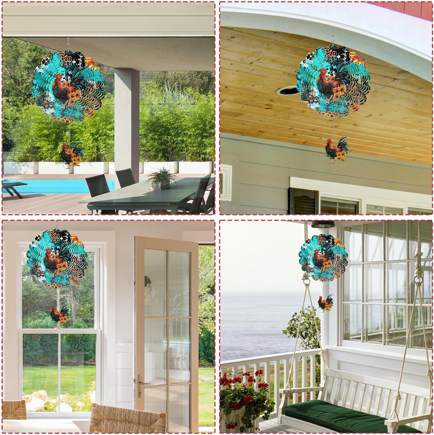 Rooster Wind Spinners Outdoor - Chicken 3D Metal Yard Wind Spinner Hanging Decor, Wind Spinners for Women Mom Men Grandma Dad Grandpa, (12 X 12 Inches)