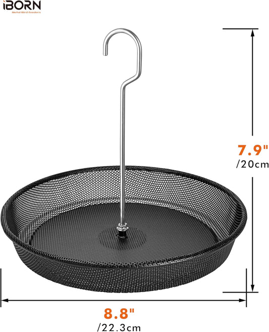 iBorn Hanging Bird Feeder Tray, Metal Mesh Bird Feeder Bowl with Thick Metal Hanger, Sturdy & Durable for Outdoors, Easy to Refill & Clean, Pack of 1, Black