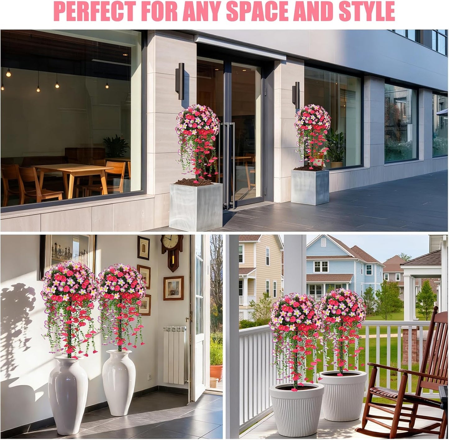 Artificial Topiary Ball Trees with Pink Morning Glory Flowers, 3FT Faux Outdoor Plants Artificial Bushes Set of 2 with Ground Spike, UV Resistant Fake Shrubs for Front Porch Garden