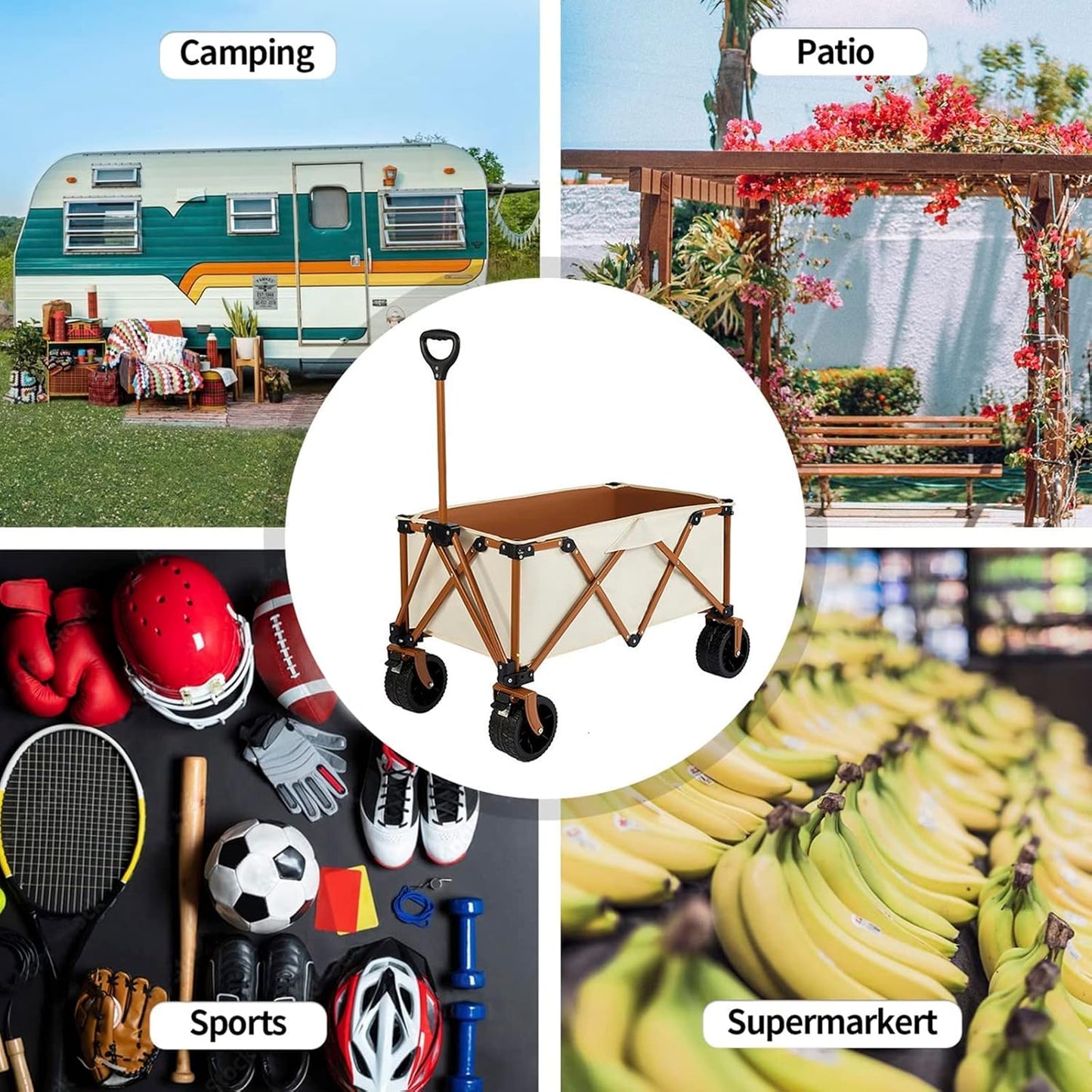 Heavy Duty Collapsible Folding Wagon - All-Terrain Beach & Camping Cart with Large Capacity - Portable Utility Garden Trolley for Grocery, Fishing, Shopping & Sports - Beige