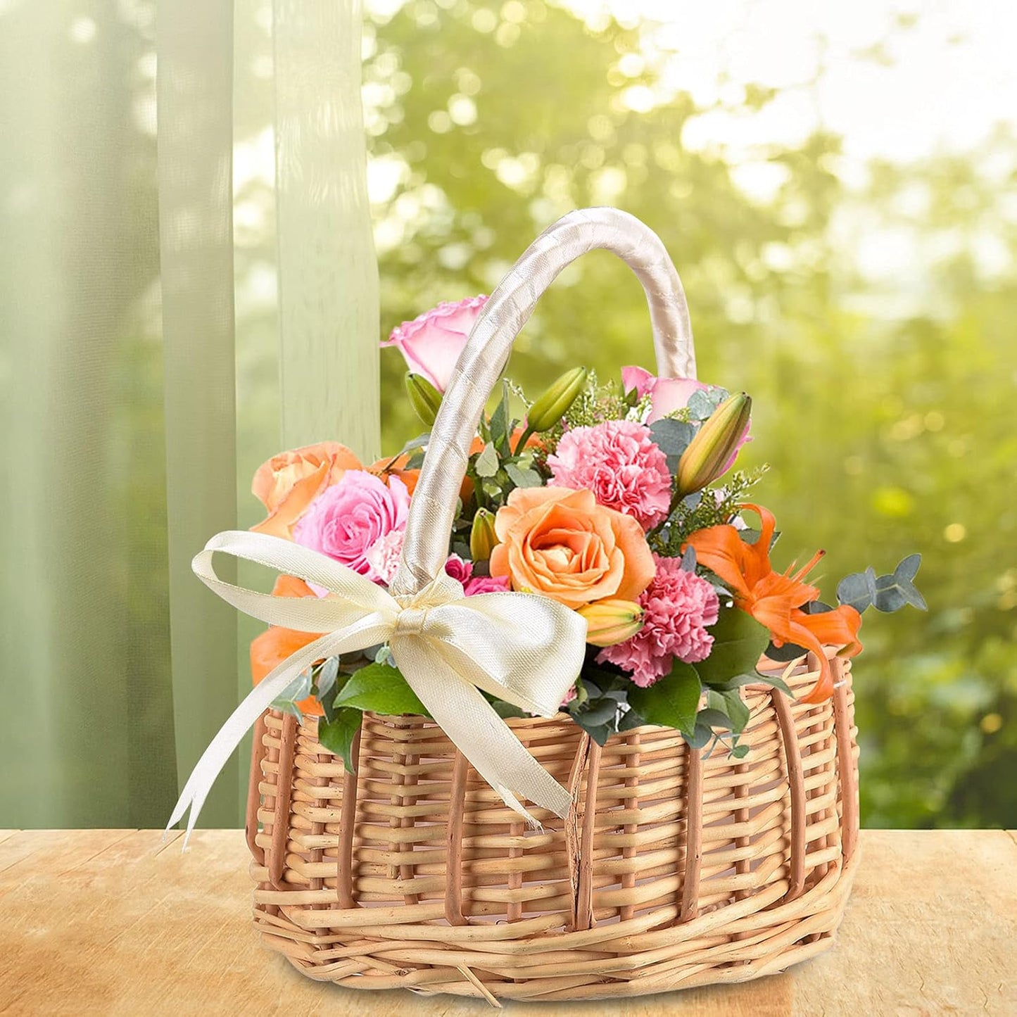 2 PCS Rattan Flower Basket.Flower Girl Carry Basket with Lace Bow Lined Handmade Wicker Carry Basket for Vintage Wedding Garden Decor