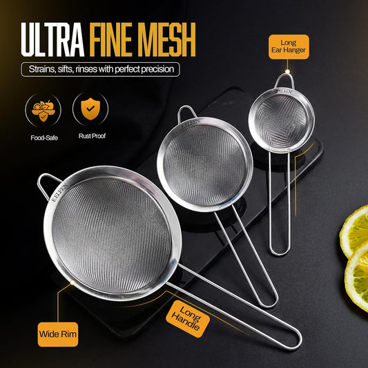 ELEEN Premium Stainless Steel Fine Mesh Strainers for Kitchen 3-Piece Set with Non-Slip Handle, Small, Medium & Large Sieves, Colanders and Sifter for Sifting, Straining, Pastas Tea, Rice Vegetables